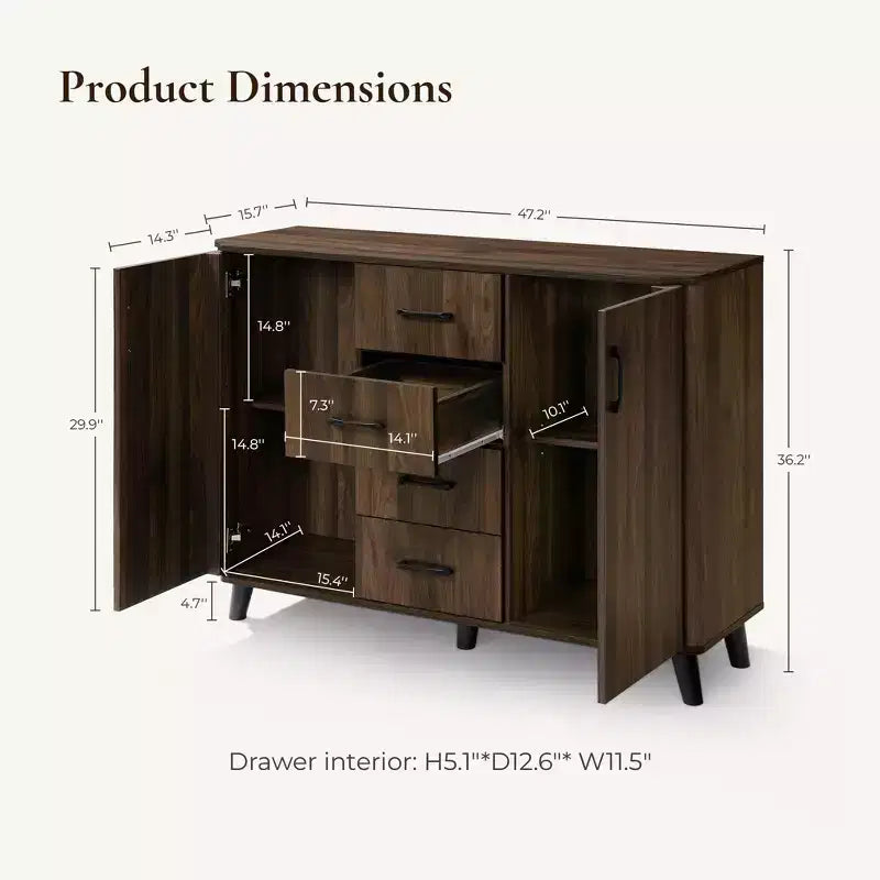 Meuble d'appoint 47,2 W avec portes, meuble de rangement Mid-Century pour salon, salle à manger, entrée, noyer foncé